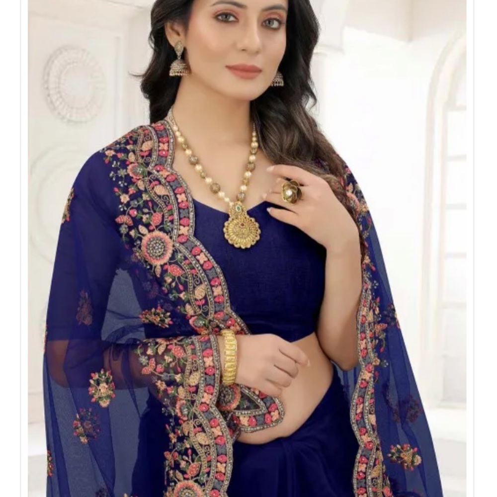 Blue Net Saree and Matching Blouse